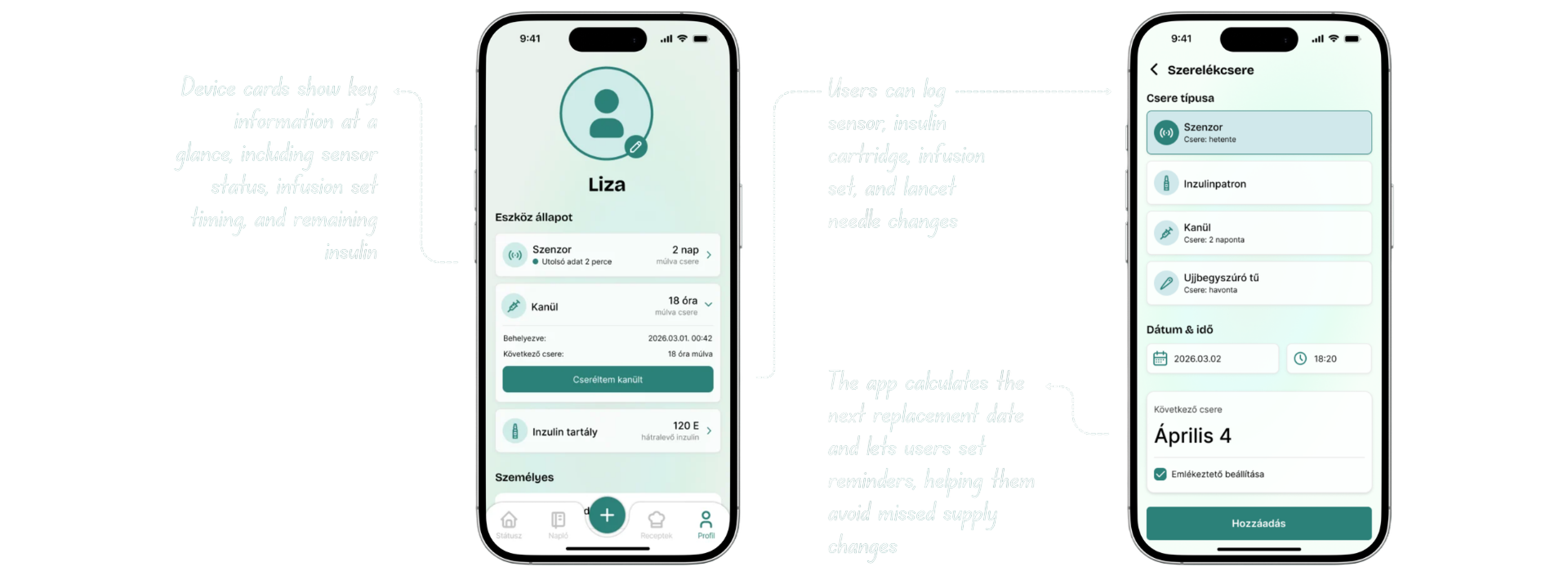 Annotated GlucoBuddy device management experience showing key design decisions