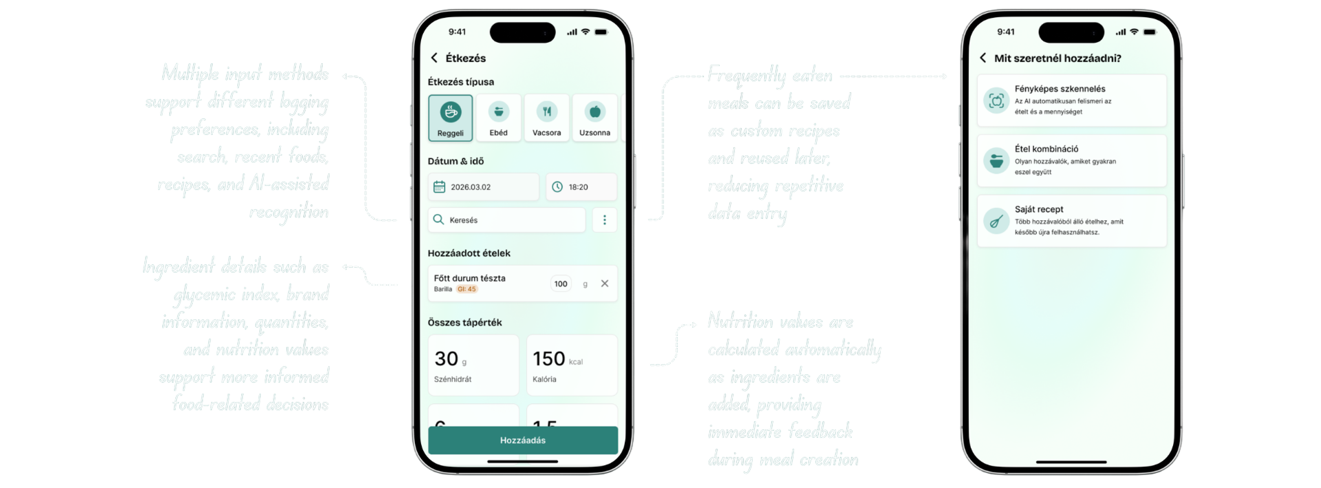 Annotated GlucoBuddy meal logging flow showing key design decisions
