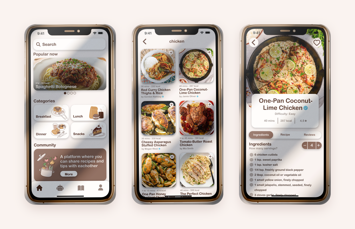 Three Whisk app screens shown on phones: recipe search, category browsing and a recipe detail view