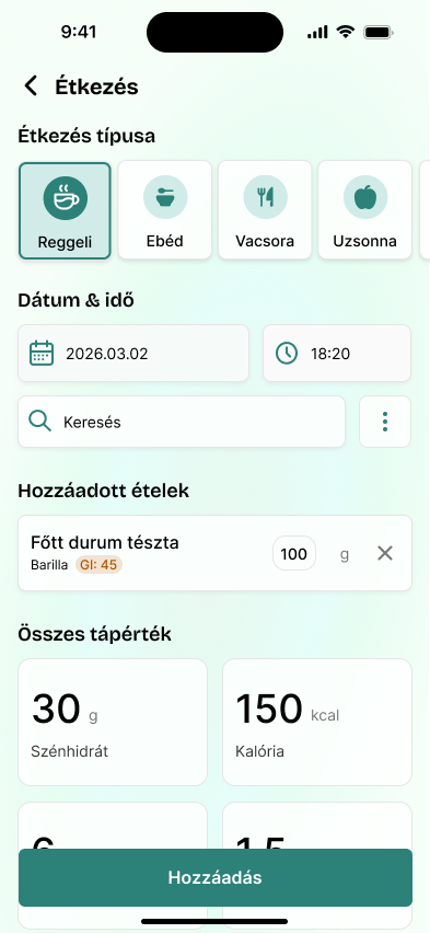 GlucoBuddy meal logging screen
