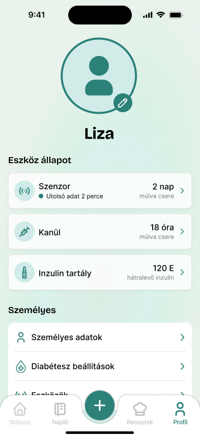 GlucoBuddy profile and device status screen