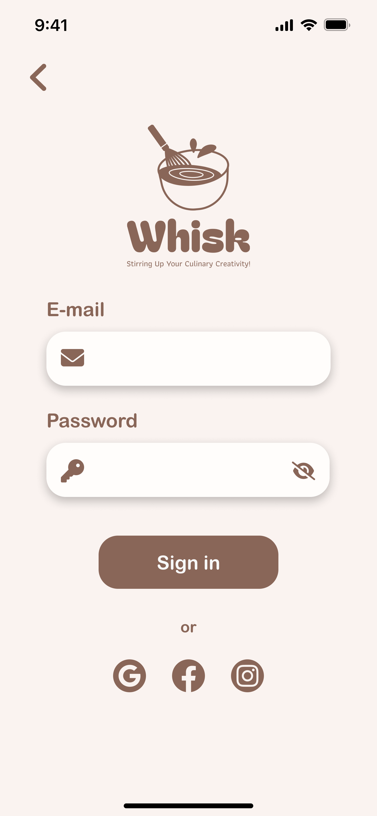 Whisk sign-in screen with the bowl logo and email fields