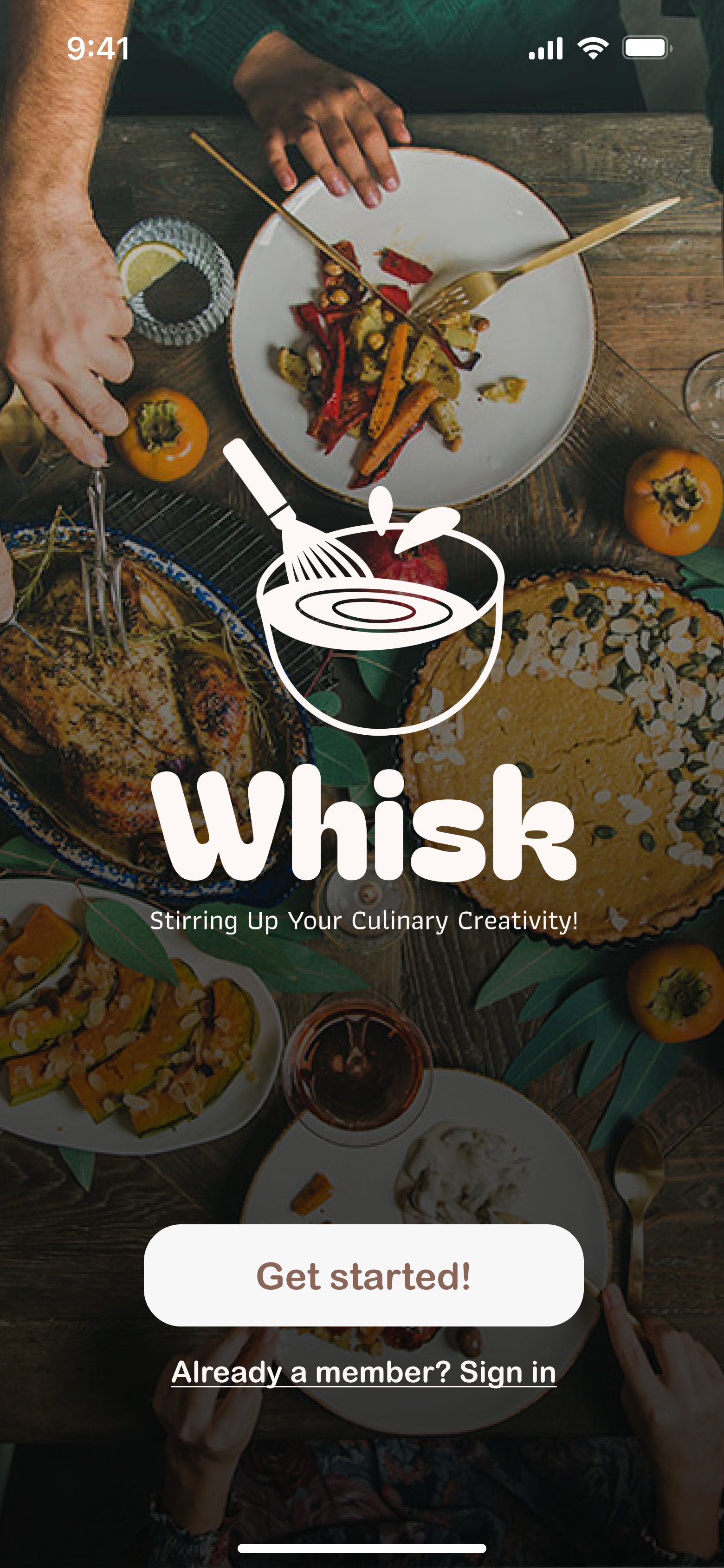 Whisk welcome screen with food photography and a short introduction