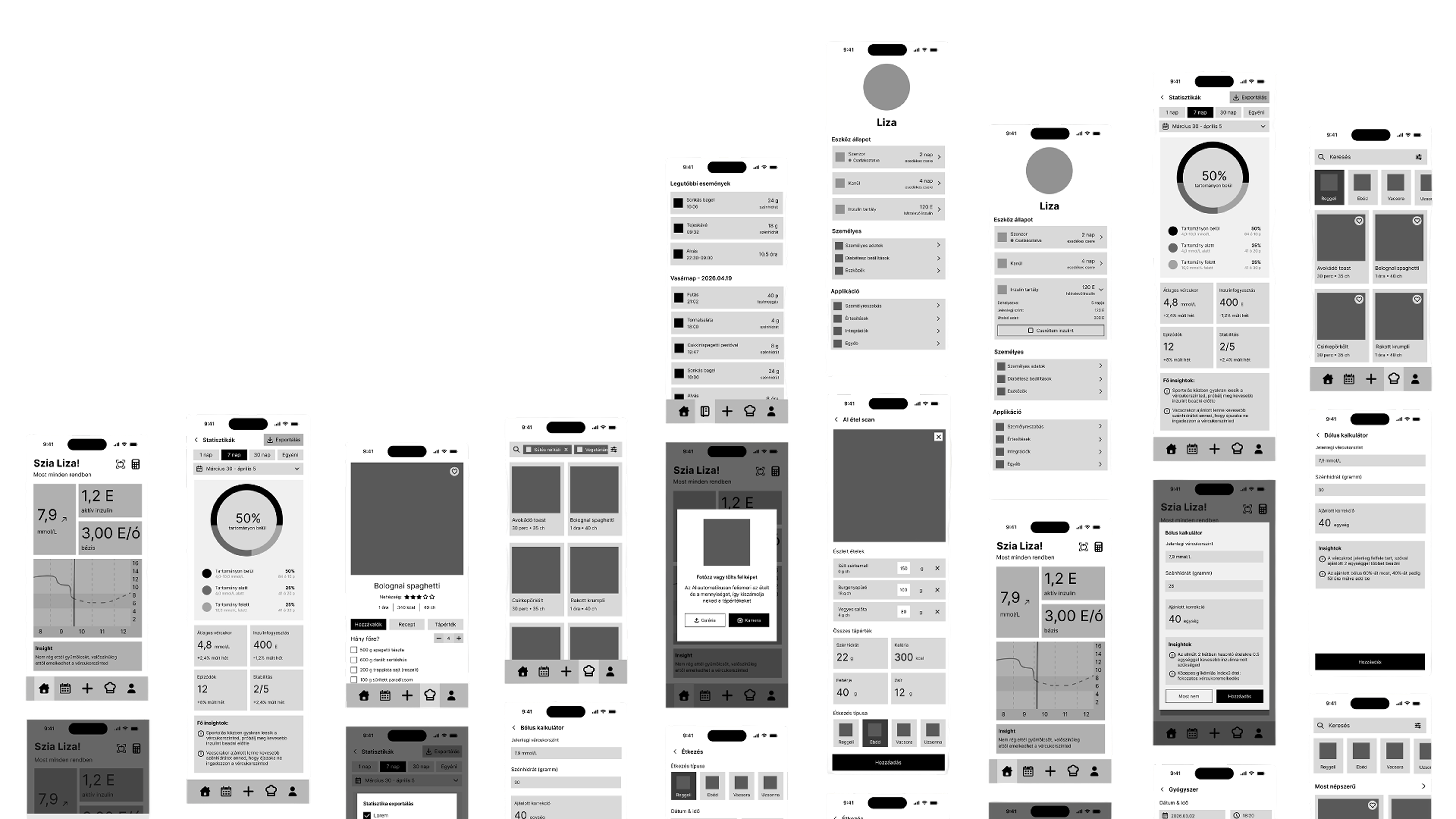 Collage of more than 40 GlucoBuddy wireframe screens