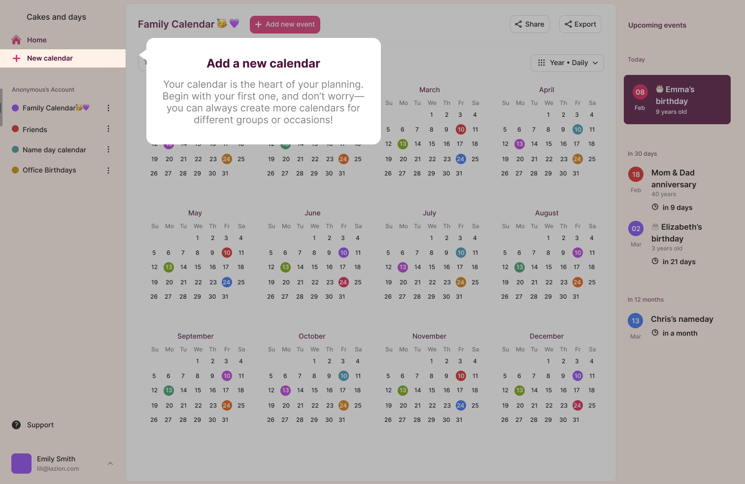Calendar creation wizard step shown over the Cakes & Days dashboard